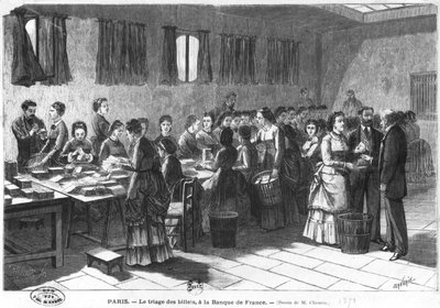 Ordinamento delle banconote alla Banca di Francia di Parigi, inciso da F. Mollet (XIX secolo) 1897 da Claverie